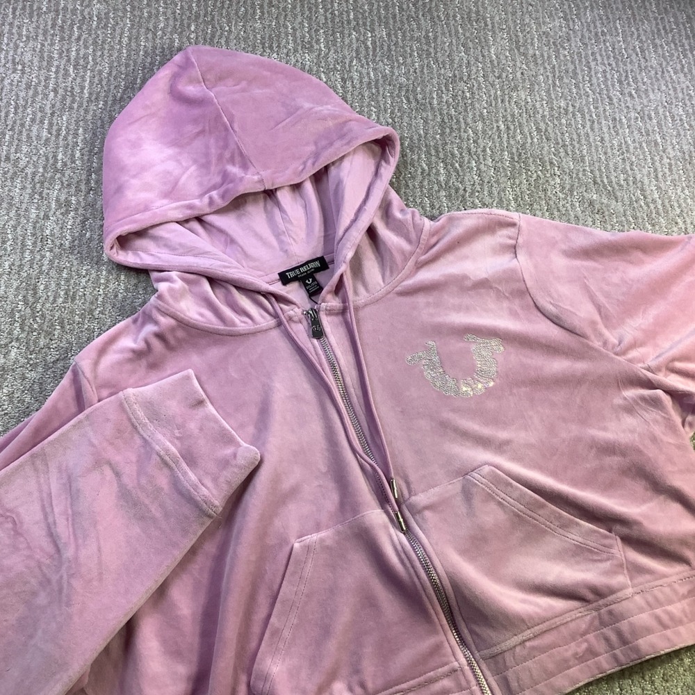 True Religion Womens Mauve Mist Crystal Velour Zip Hoodie 3XL NWT